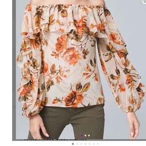White House Black Market Terrace & Palomino floral ruffle off the shoulder top L